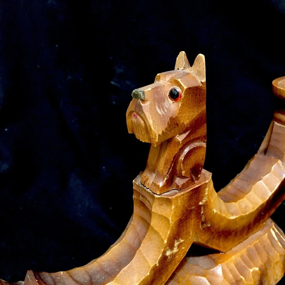 Vintage Scottish Terrier Scotty Dog Hand Carved Wooden Double Candle Holder